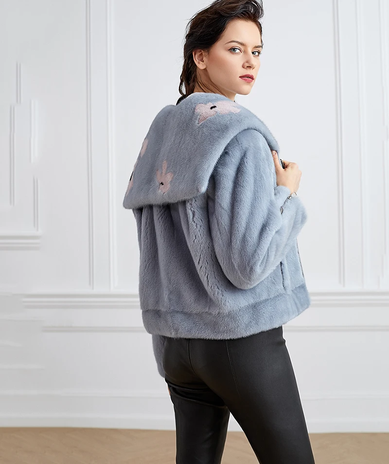Ftangaiur Winter Import Velvet Mink Coat Print Flower Sailor Suit Style Mink Coat Women's Short Real Natural Mink Fur Coats