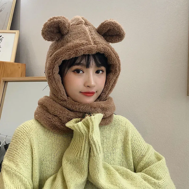 Cute Bear Winter Bomber Hats for kids Girls Boys Russian Hat with Ear Flap Fur Trapper Cap Earflap hat Men Warm - Цвет: khaki for adult