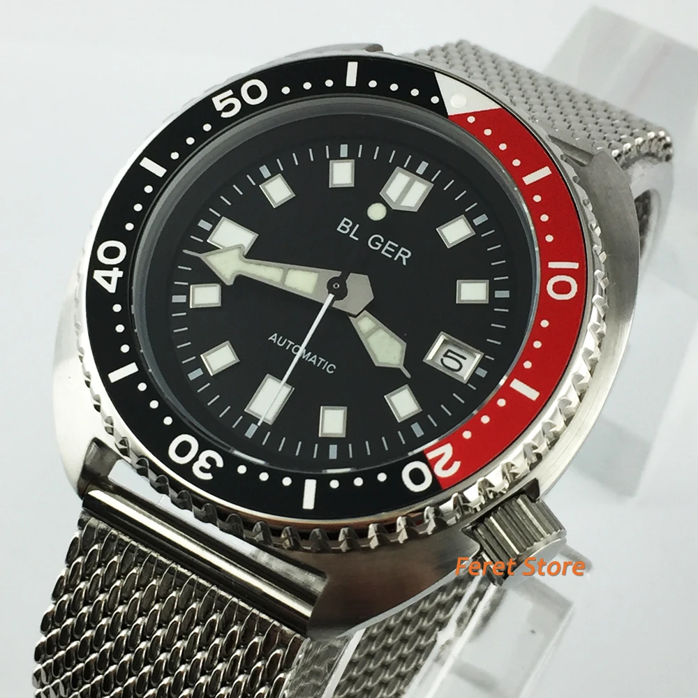 

New 45mm Bliger Sterile luminous Green Dial Luminous Black red Bezel Stainless steel NH35 Date Automatic Mens Watch