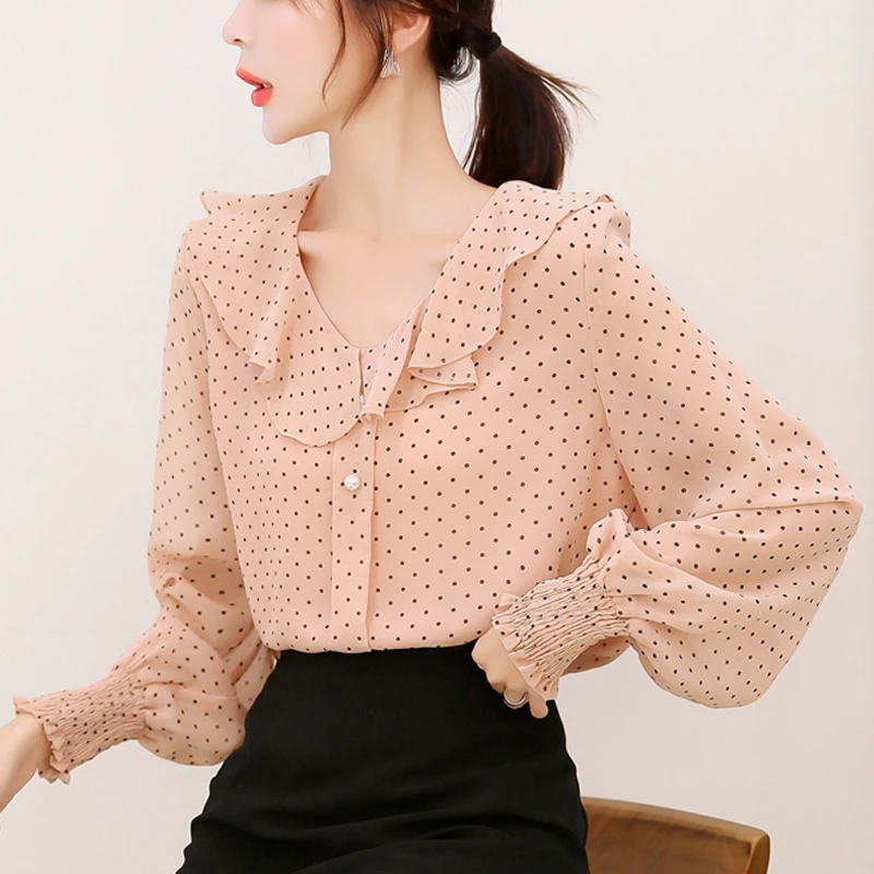 

Women Tops Chiffon Shirt Long Sleeve Blouses Shirt Fall 2019 Summer New Ruffles Flower Print Dot Fashion Women's Clothing 871E7