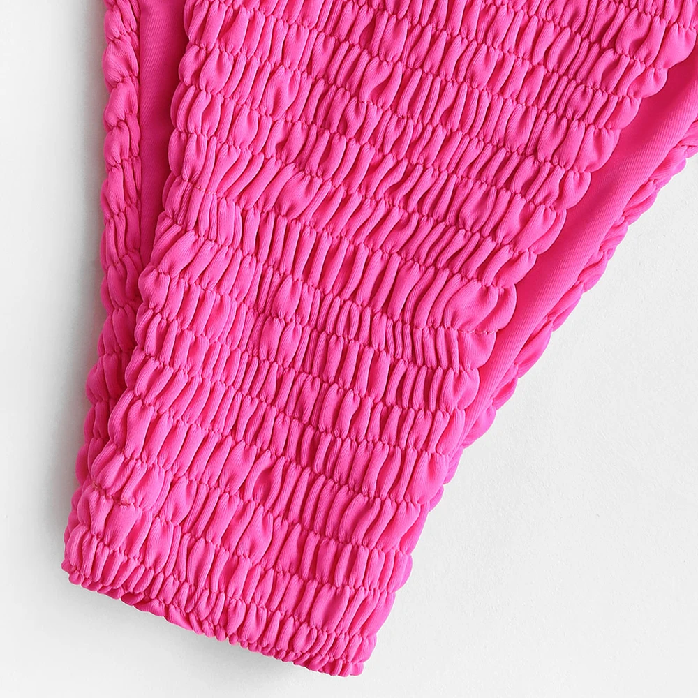 ZAFUL Women Hot Pink Neon Smocked Tie Bikini Swimsuit Tie Side Low Waisted Bikini Sets Spaghetti Straps Solid Push Up Swimwear ZAFUL Women Hot Pink Neon Smocked Tie Bikini Swimsuit Tie Side Low Waisted Bikini Sets Spaghetti Straps Solid Push Up Swimwear