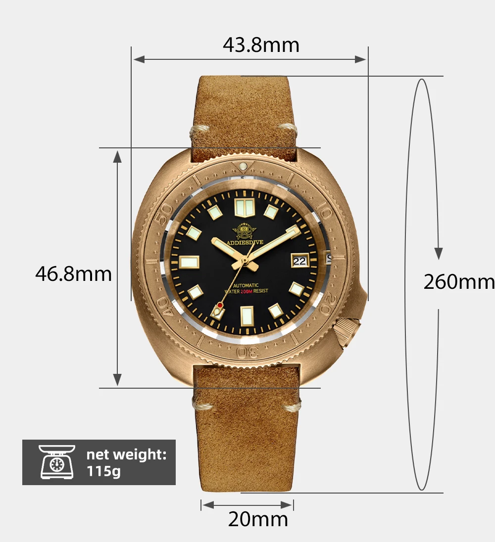 Addies Dive 2104 CUSN8 Men Bronze Watch Brown Leather Strap NH35 Automatic Watch Gold Polished Case 200m Diving Watches