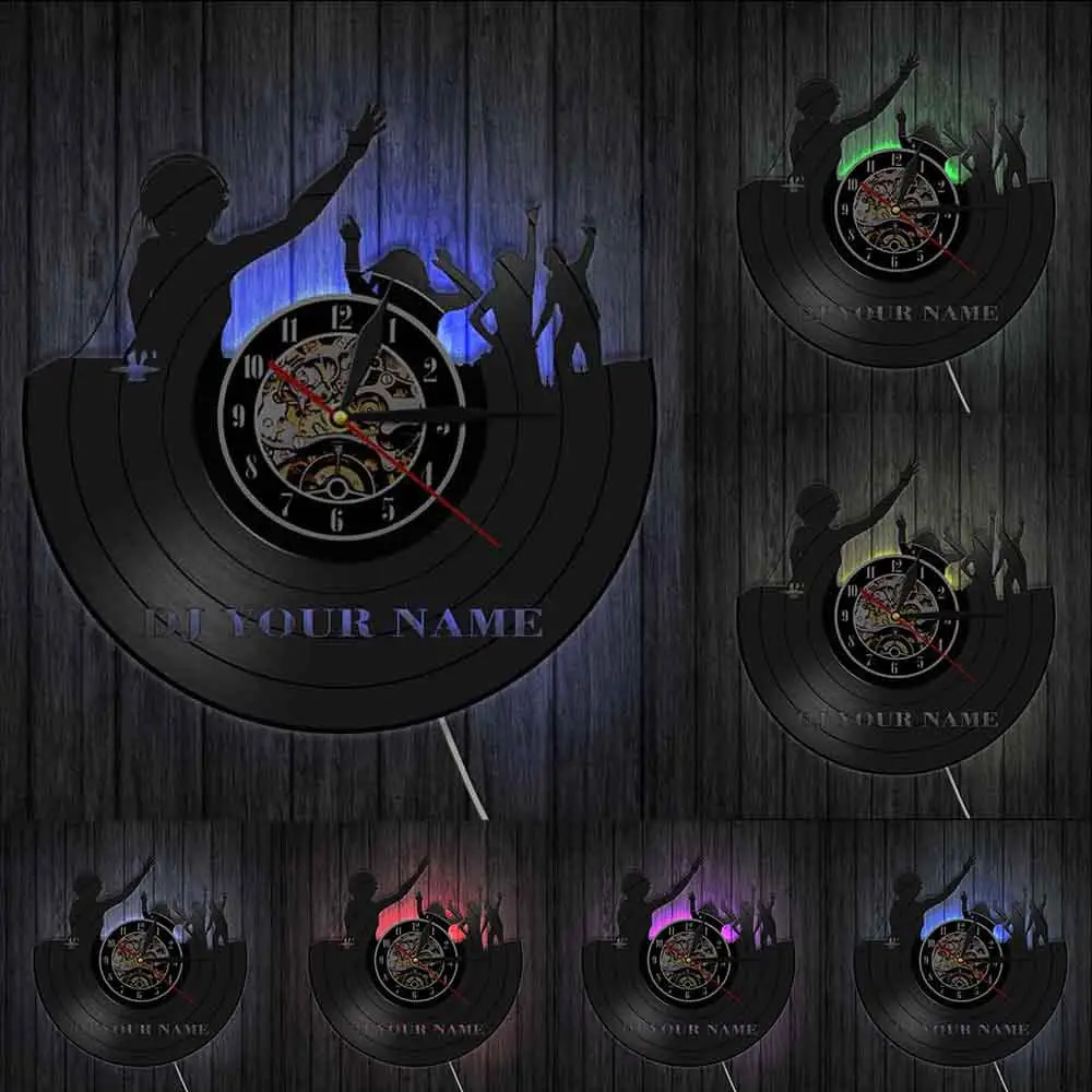 With LED Пользовательские DJ имя Виниловые пластинки настенные часы диско-паб клубной музыки вечерние танцевальные Декор зала настенный светильник персонализированный подарок для DJ для девочек - Цвет абажура: With LED