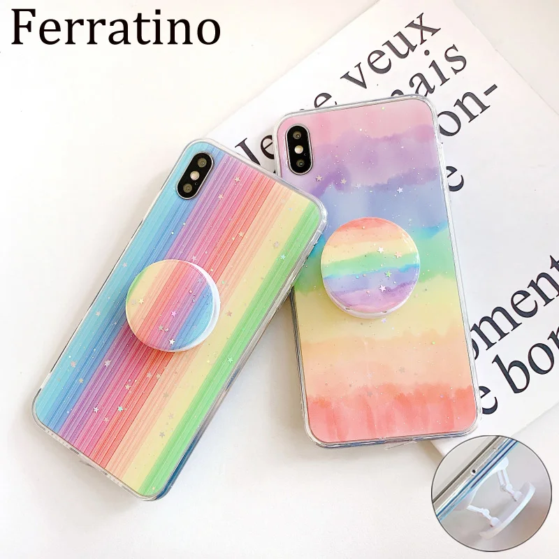 

Fashion Rainbow Glitter Star Holder Phone Case For iPhone XS Max XR X 7 8 Plus 6 6s Shockproof Soft Silicone Stand Back Cover