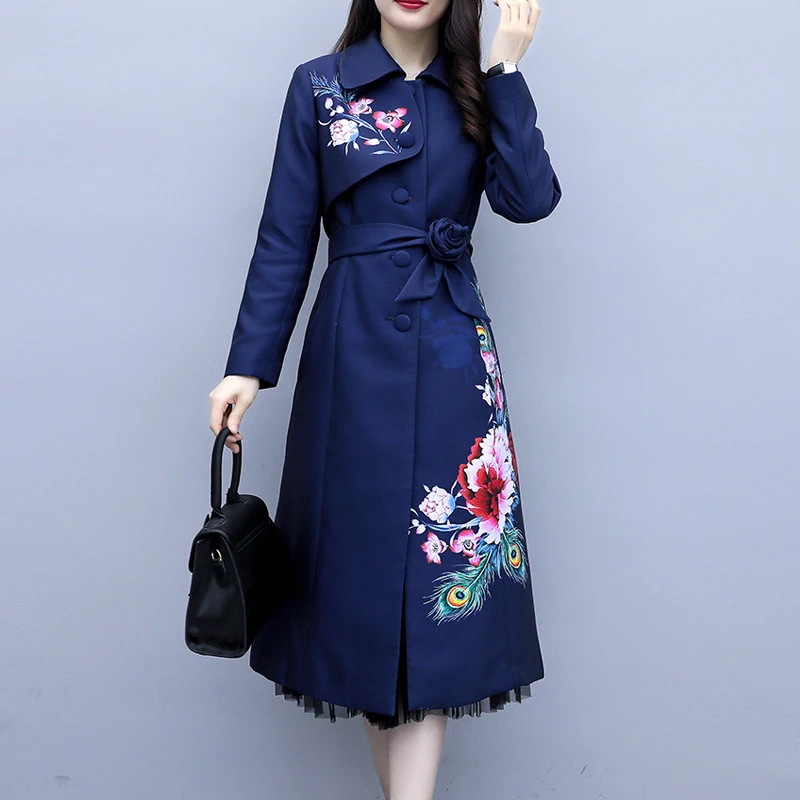 

New Print Trench Coat For Women Mid-Length Single-Breasted Turn-Down Collar Adjustable Waist Slim Elegant Jacket Fall 2020 Women