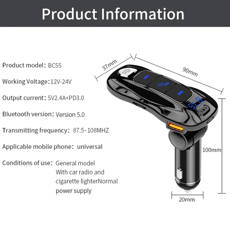 JaJaBor Bluetooth 5,0 автомобильный комплект Handsfree FM передатчик MP3 плеер PD3.0 Быстрая зарядка Поддержка TF карта U диск воспроизведение