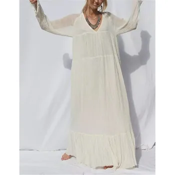 

Women Vintage Long Sleeve Pleated Loose Maxi Dress Sexy V Neck Casual Solid See Through Flowy Bohemian Long Fall Dresses