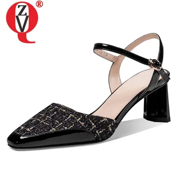 

ZVQ spring new fashion women sandals outside high heels square toe genuine leather mixed colors party women shoes drop shipping