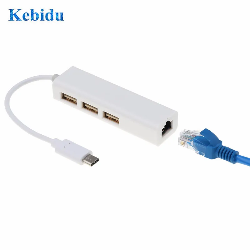 Kebidu 3 порта USB2.0 HUB Type C к Ethernet LAN RJ45 Кабельный адаптер Сетевая карта