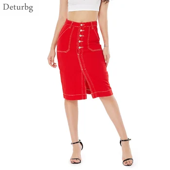 

Women's Sexy Single-breasted Denim Skirt With Pockets Female High Waist Bodycon Red Jeans Pencil Skirts 2020 Summer SK541