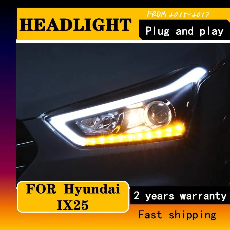 

Автомобильный Стайлинг для 2015-2017 Hyundai IX25, фары в сборе, динамический поворотный сигнал, светодиодные дневные ходовые огни, ангельские линзы, двойной луч, ксенон, HID