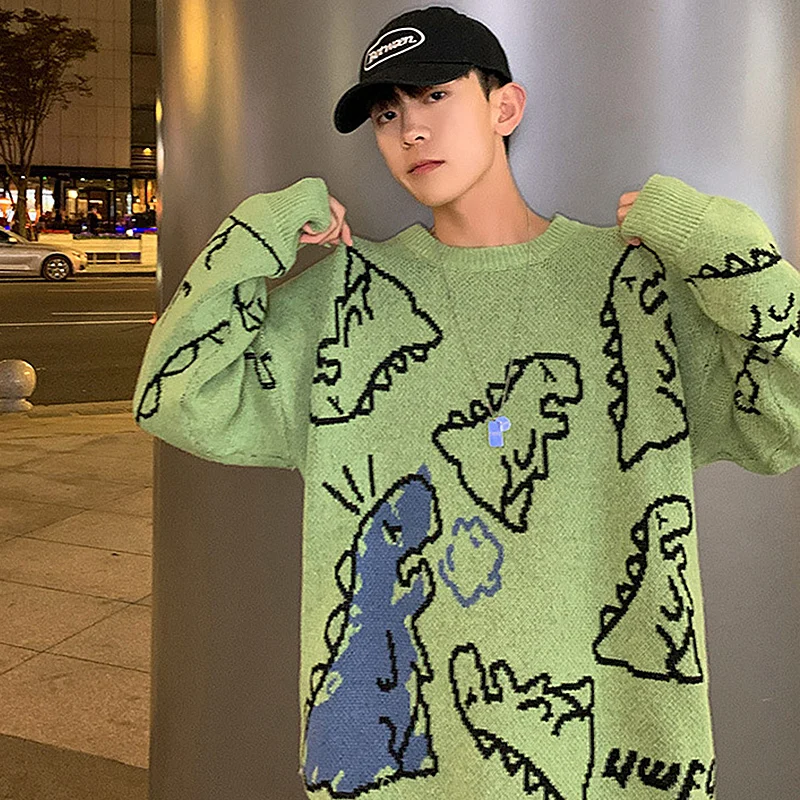 Oversize Sweater Women 2021 Y2K Autumn Winter Sweater Couple Dinosaur Loose Pullovers 90s Green Long Sleeve Knitted Jumper Women