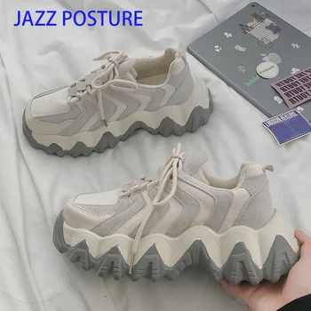 

New Designer Shoes Woman Wedges Platform Sneakers Lace-Up Tenis Feminino Casual Chunky Sneakers Ladies Zapatos Mujer Gray beige