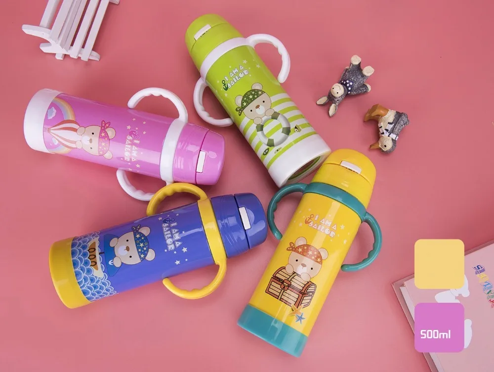 Eco-Friendly 500ML Baby's Vacuum Water Bottle handgrip Children Powdered Milk Thermals cup Stainless steel straw Thermos Flasks