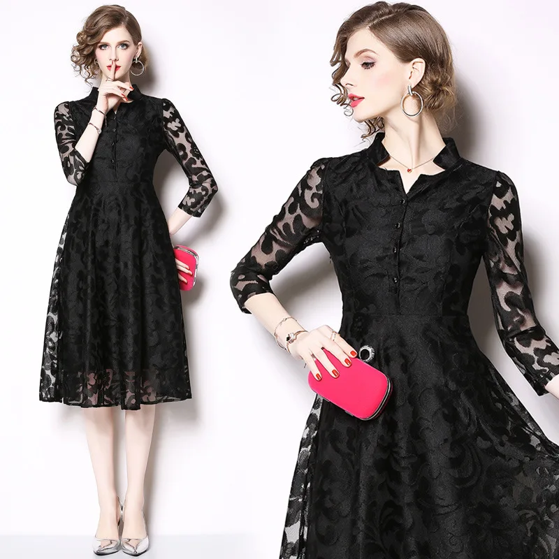 

Photo Shoot Ozhouzhan Spring New Style Slim Fit Slimming Three-quarter-length Sleeve Retro Elegant Lace Mid-length Dress Women's