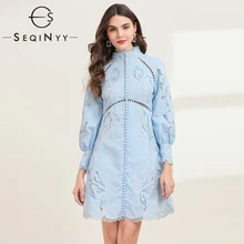SEQINYY, синее платье, весна-осень, модный дизайн, женское мини платье с длинным рукавом и цветочным рисунком, льняное Хлопковое платье