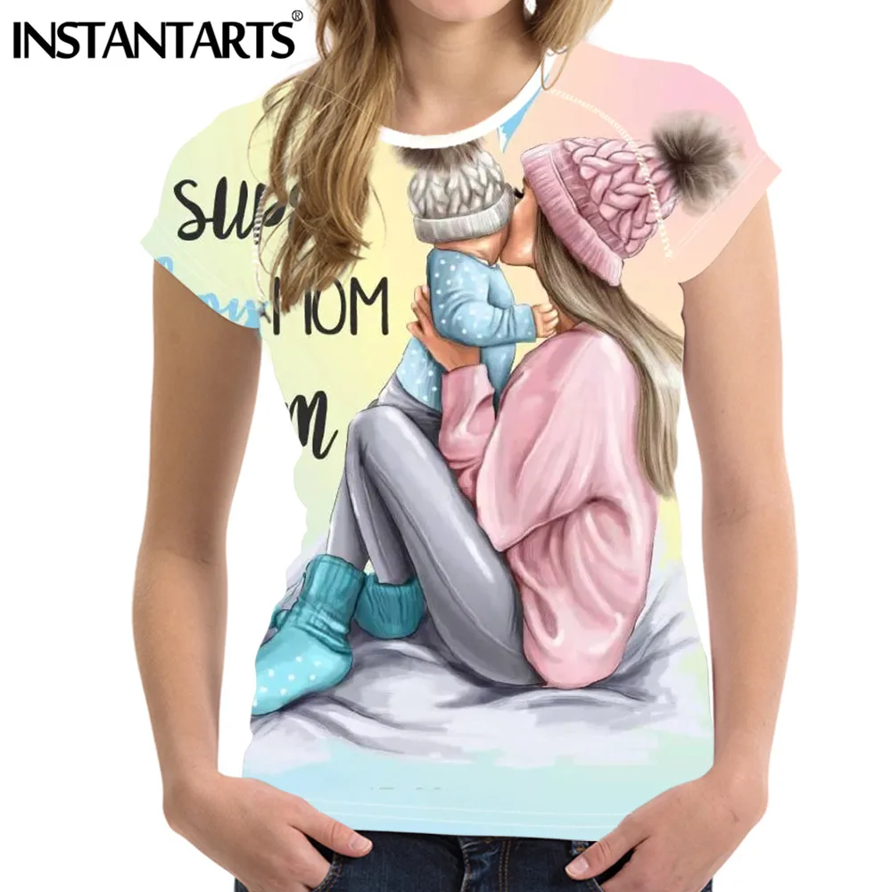 

INSTANTARTS 3D Catoon Baby Mom Girl Queen Print Casual Women Quick Drying Elastic Yoga Sports O-neck T Shirts Ladies Plus Size