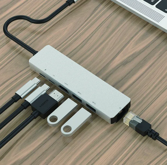 

6 In 1 Usb C Hdmi Multiport Hub Adapter Type-C Adapter Hdmi 4K Usb 3.0 Charging Line Multiport Type-C Adapter