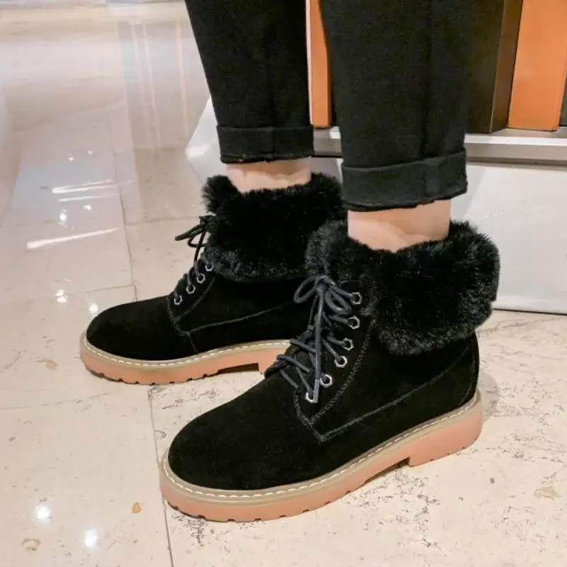 RIZABINA Women Ankle Boots Real Leather Lace Up Winter Keep Warm Plush Fur Flats Shoes Women Casual Snow Boots Size 34-39