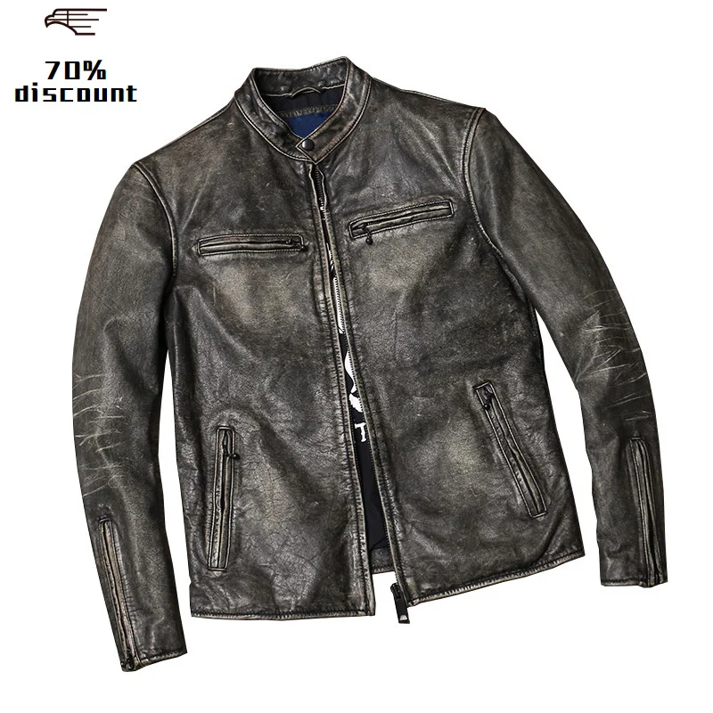 

2020 Vintage Grey Men Slim Fit Biker's Leather Jacket Plus Size XXXL Genuine Cowhide Autumn Short Motorcycle Leather Coat