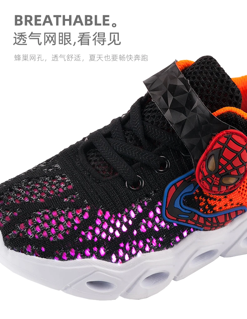 TuYao Boys Luminous Shoes Girls Glowing Spiderman Shoes Toddler Casual Bright Sneaker LED light up soft shoes for big kids