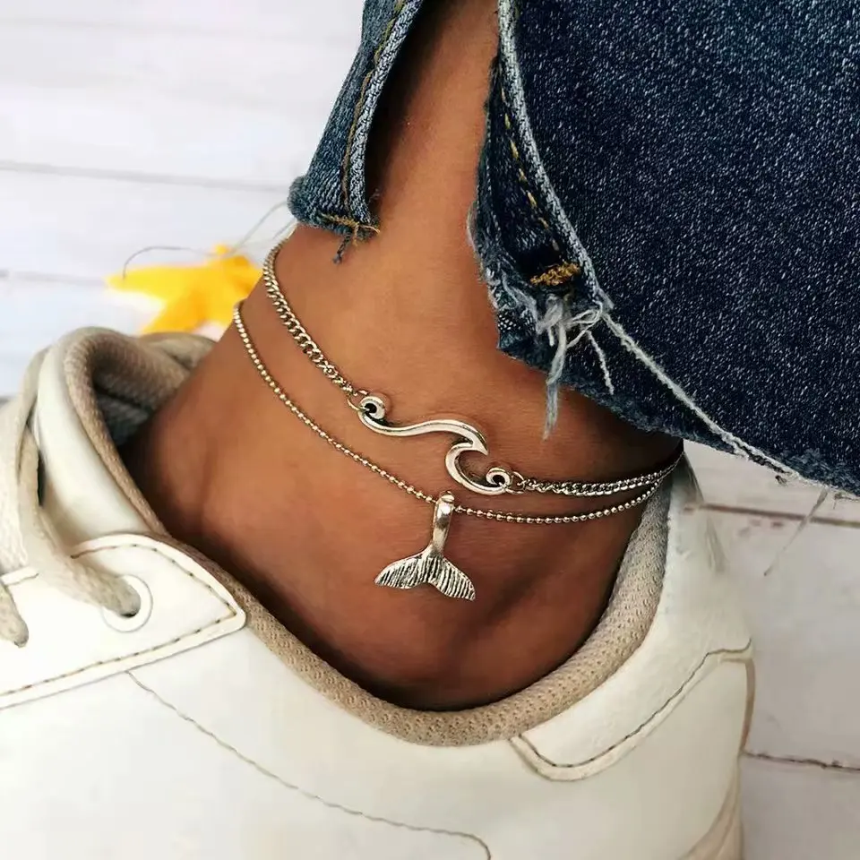 

New Style Summer Day Western Style Waves Anklet Beach Mermaid Tail 2-Piece Anklet Set Foot Ornaments