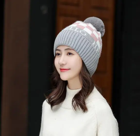 COKK зимняя вязаная шапка с шарфом, бархатный уплотненный комплект для женщин, женские зимние шапочки с помпоном, шапка для женщин, сохраняющая тепло - Цвет: gray hat