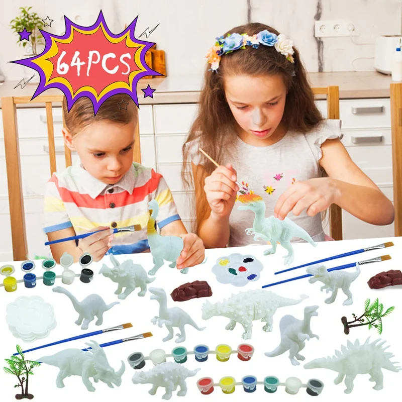 64Pcs DIY Doodle Toy Dinosaur Model DIY Arts Crafts Paint Toy Graffiti Toy Educational Set for Kids