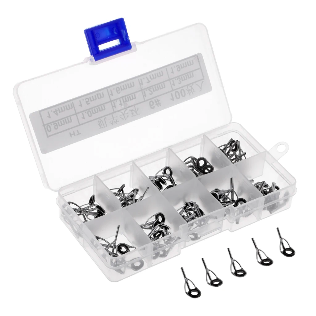 100Pcs/box Stainless Steel Fishing Rod Guides Eye Rings Pole Tip Repair Kit 10 Sizes