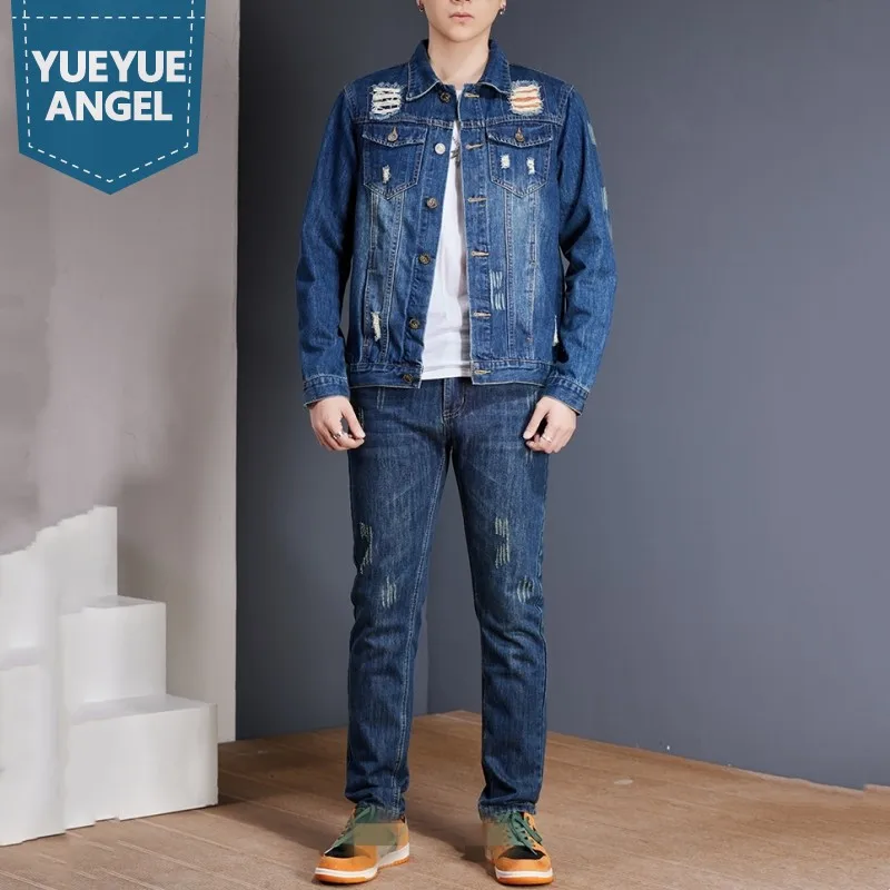 Street Autumn Mens Denim Two Piece Set 
