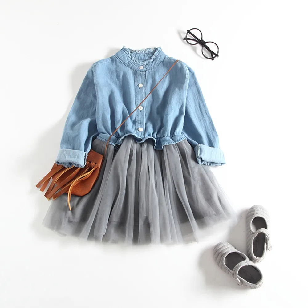 Toddler Kids Dresses Girls Cotton Casual Tops Denim Spring Dress Long Sleeve Solid Soft Princess Tutu Dress Cowboy Clothes Dress