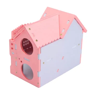

Hamster House Wood Plastic Plate Hut Hideout for Small Animals Dwarf Hamster Self Assembly (Pink)