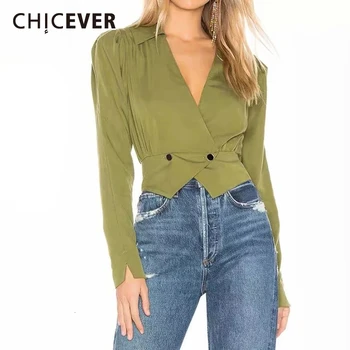

CHICEVER Elegant Women's Shirts Long Sleeve V Neck Slim Large Size Irregular Female Blouse 2020 Autumn Fashion New Clothing