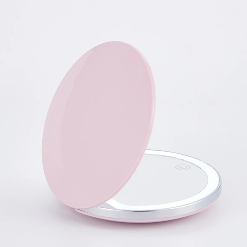 Portable Mini Makeup Mirror Compact Pocket USB Chargeable Two-side Folding Makeup Mirror with LED Light Cosmetic for Gift