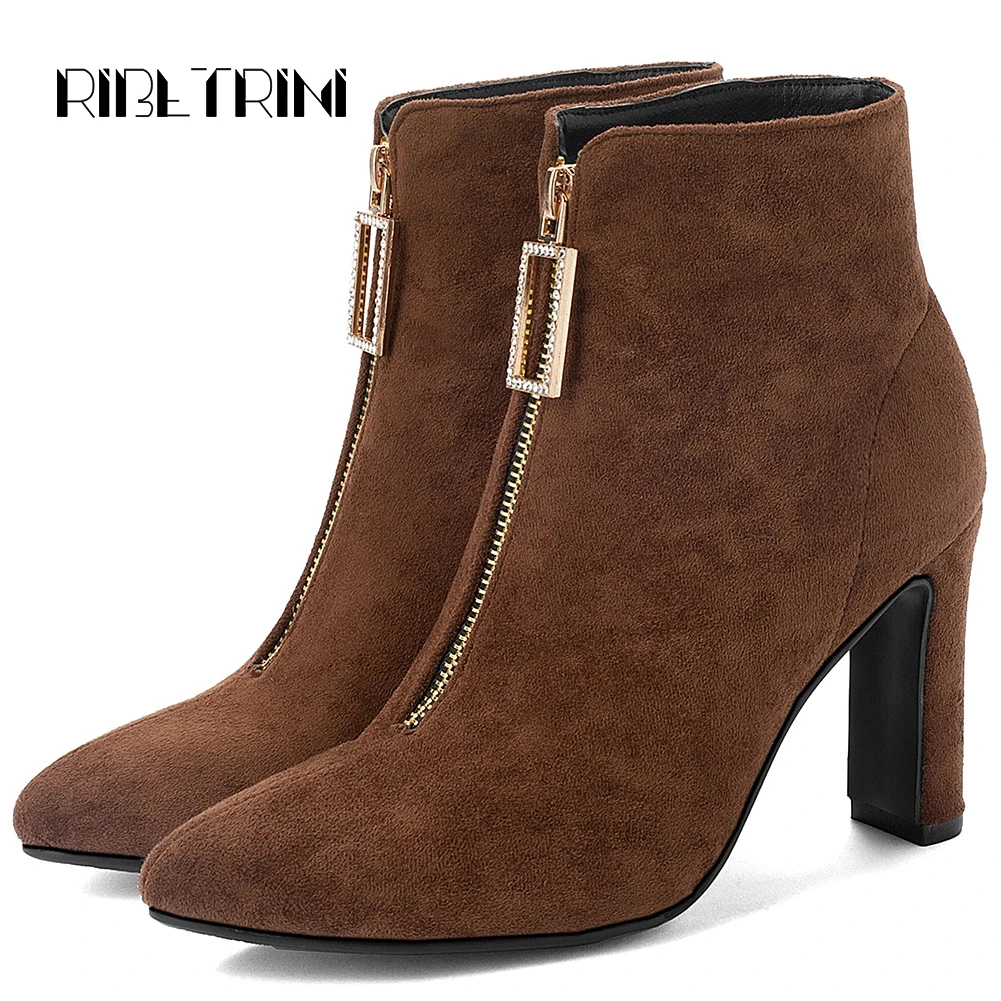 

RIBETRINI Flock Ankle Boots For Women Pointed Toe High Heels Short Boots Ladies Front Zipper Shoes Women Plus Size 32-43
