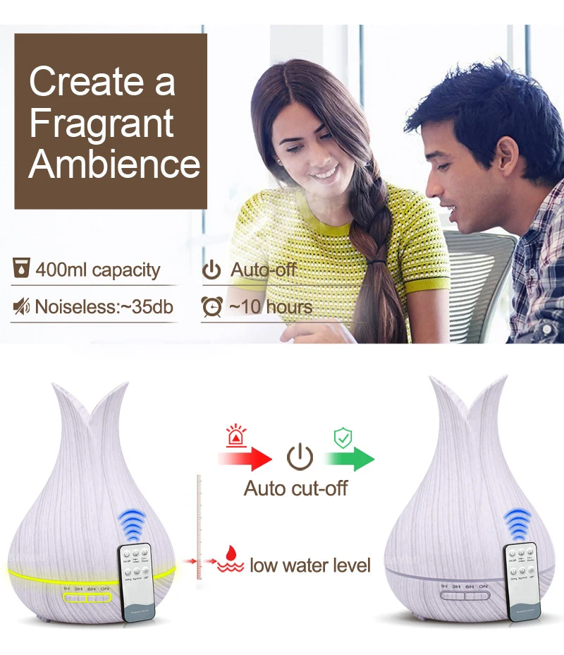 Preise KBAYBO 400ml luftbefeuchter mit fernbedienung weiß holzmaserung aroma öl diffusor luftreiniger 7 farben optionen lampe für home