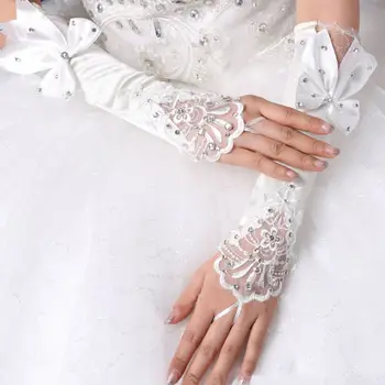 

Ladies Wedding Long Fingerless Gloves Embroidery Floral Lace Patchwork Jewelry Rhinestone Bowknot Bridal Satin Mittens