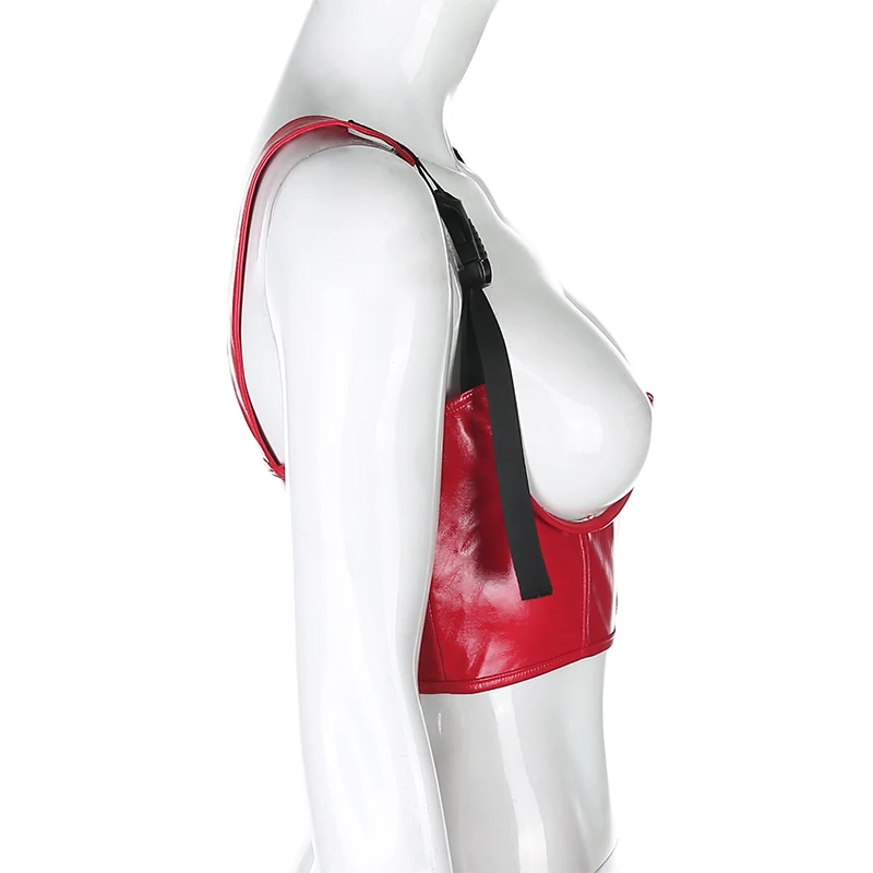 Darlingaga Streetwear Punk PU Leather Crop Top Women Buckle Zipper Gothic Tank Top Suspenders Strap Summer Tops Camisole Clothes
