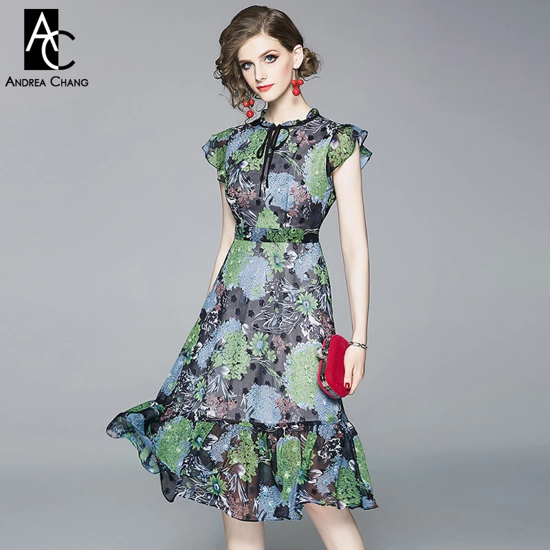 

S-XXL spring summer woman dress blue green floral pattern print black dress ruffle sleeve over knee fashion vintage dress