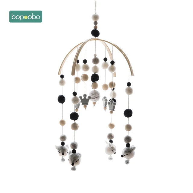 Bopoobo 1set Silicone Beads Baby Mobile Beech Wood Bird Rattles Wool Balls Kid Room Bed Hanging Decor Nursing Children Products Gray Crown