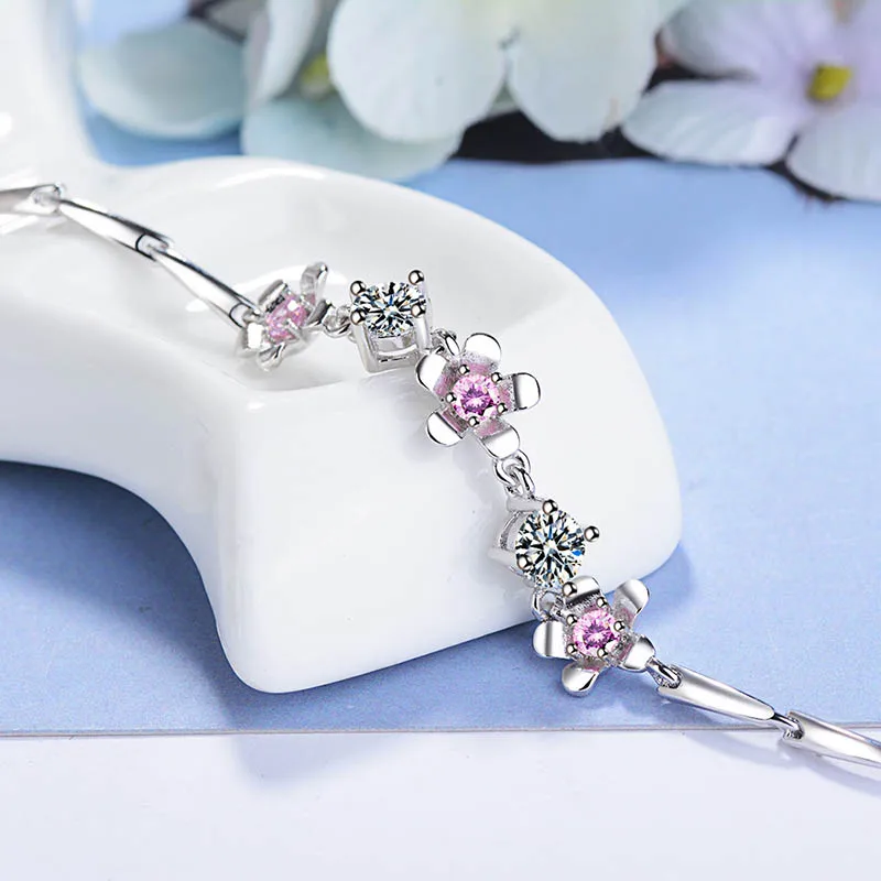 Bague Ringen корейский стиль Нежные цветы браслет для женщин 7 мм Циркон Серебро 925 ювелирные изделия цветок персика темперамент для свиданий