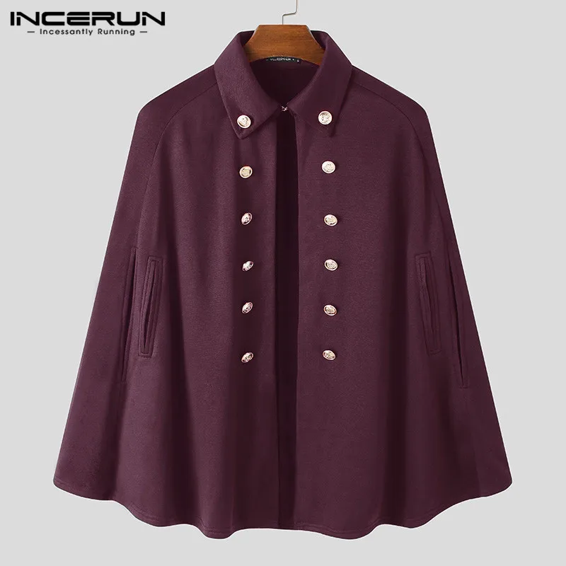 INCERUN-gabardina de Color sólido para hombre, capa de capa holgada con doble botonadura, Poncho de cuello de solapa, abrigos irregulares Vintage, ropa de calle, S-5XL