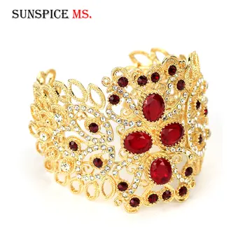 

Sunspicems Wide Moroccan Bangle Rhinestone Cuff Bracelet for Women Gold Color Arabic Ethnic Wedding Jewelry Dubai Family Gift