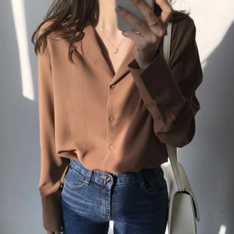 

womens tops and blouses fashion blouses women 2019 Solid chiffon blouse v-neck office ladies tops long sleeve women shirts A838
