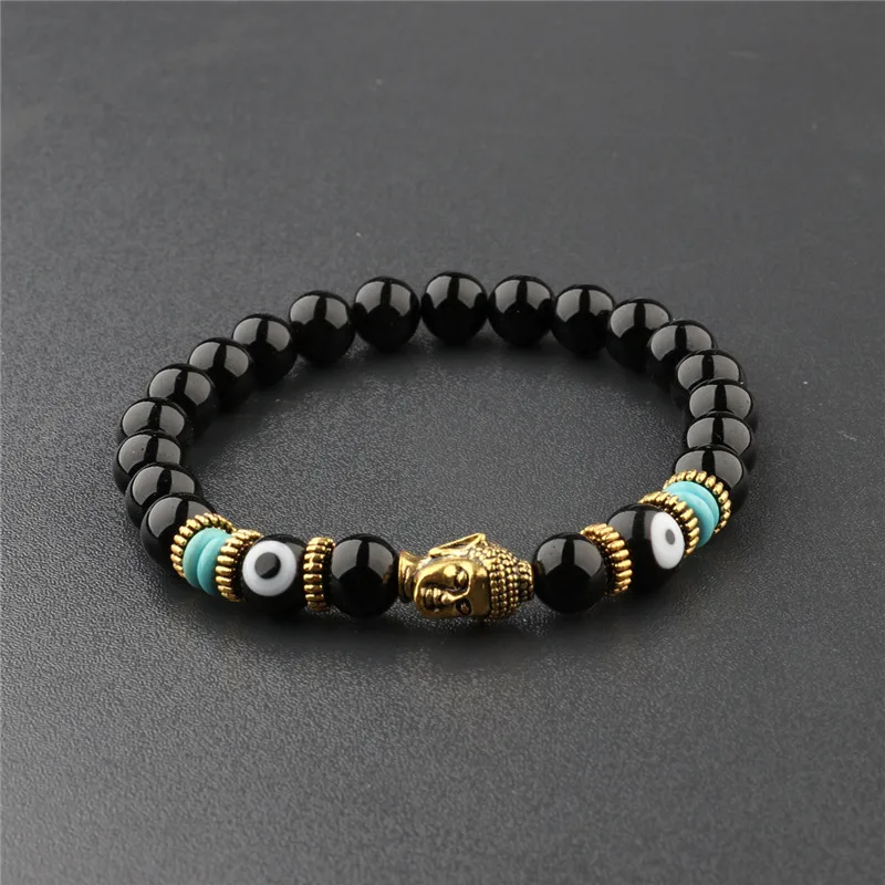 Enchanting Buddha and Evil Eye Bracelet Women's Elastic Stone Chakra Bracelet Men's Buddha Head Energy Stone Bracelet