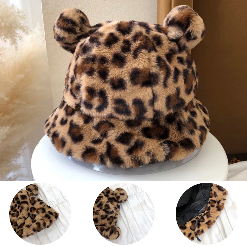 Women Fur Bear Ear Bucket Hat Ball Plush Soft Thick Caps Leopard Fisherman Hat Cute Autumn Winter Warm Outdoor Protection black bucket hat