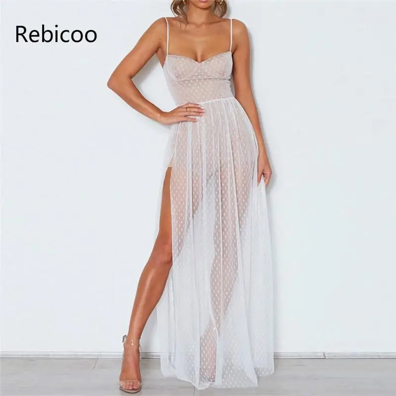 

Women Sexy Sling Dress Lace Swing Dot Strapless Mesh Yarn Wave Side Slit Long Casual Party Dresses Beach Clothes