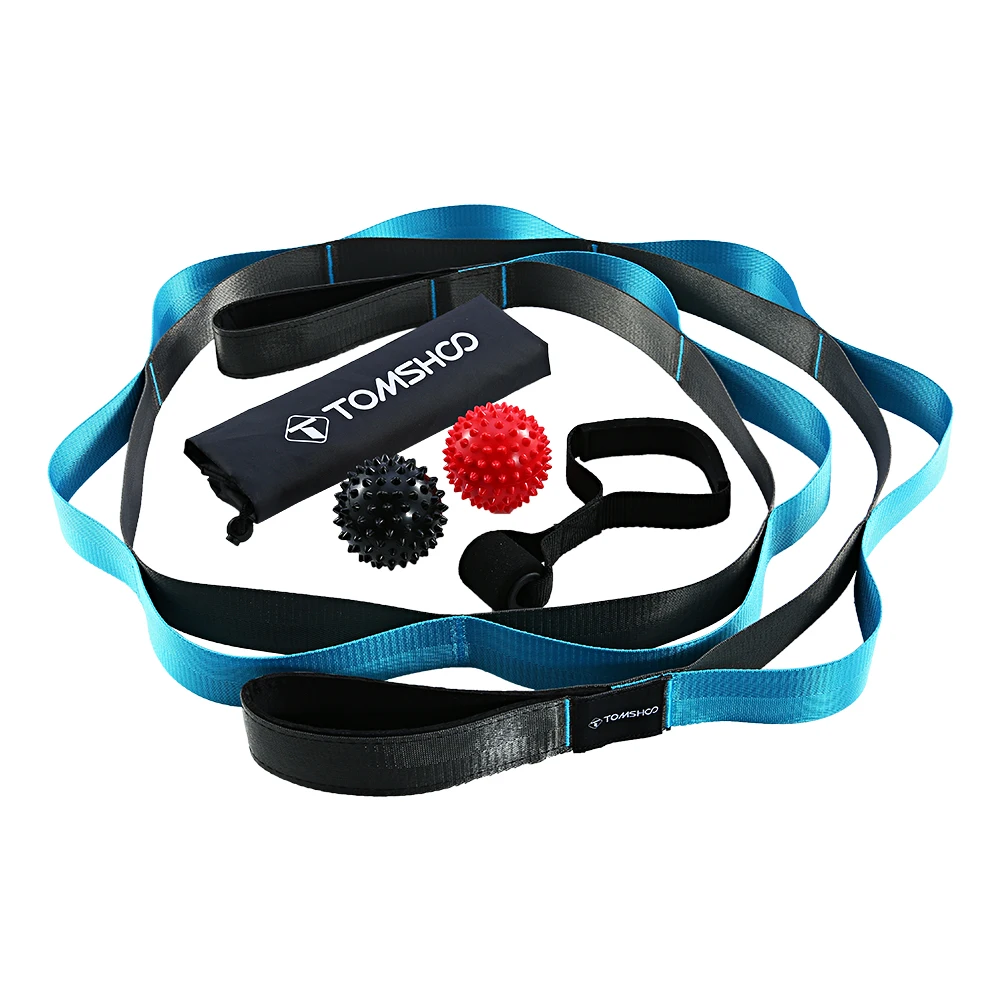 

TOMSHOO Elastic Stretching Strap with Loops, 2 Foot Massage Ball Door Anchor 4 PCs Kit with Carry Bag Ideal Gym Fitness training