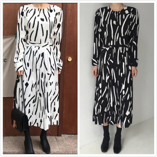 

2020 Pregnant Beach picnic Women Spring Autumn Elegant Long Sleeve Pleated Long Dress Zebra Pattern Round Collar Loose Dresses