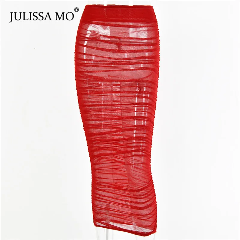 JULISSA MO красная длинная юбка женская сексуальная сетчатая прозрачная юбка-карандаш летние юбки с высокой талией облегающие плиссированные юбки faldas mujer moda